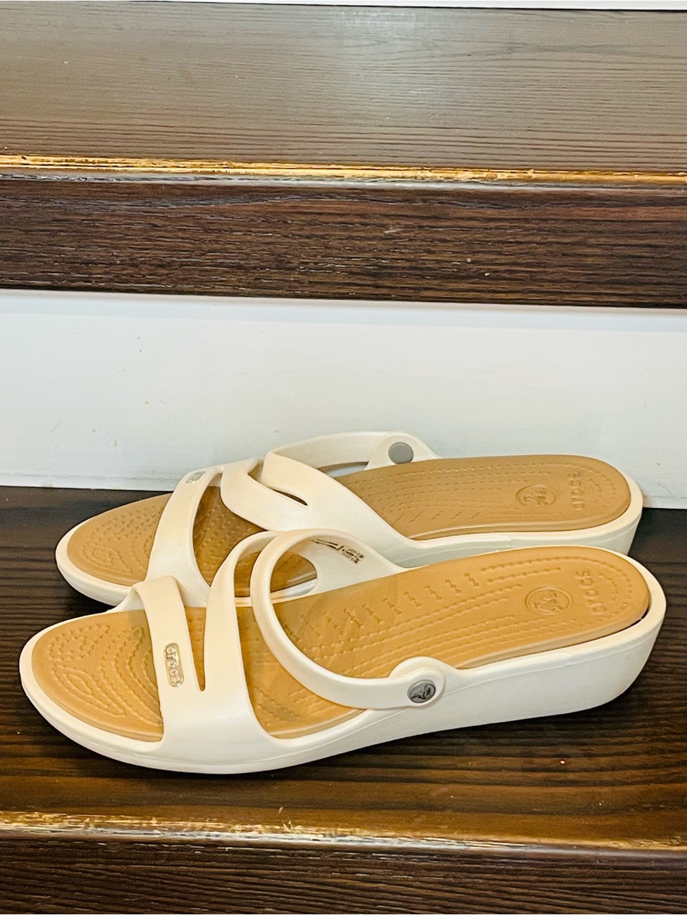 CROCS Women's White Slide Sandal with Tan Footbed